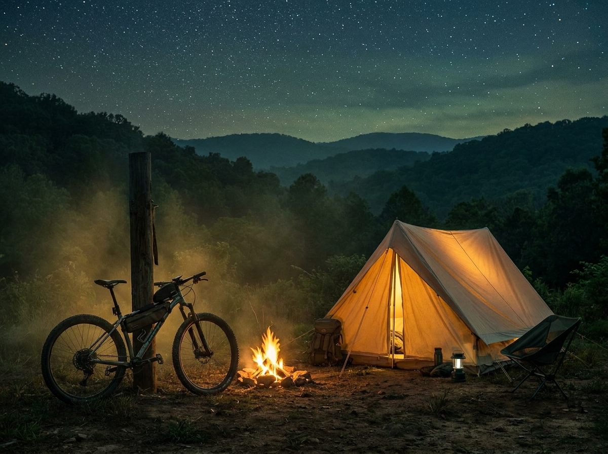 Campsite at dusk with a glowing tent, mountain bike, and campfire beneath Ozark ridgelines.