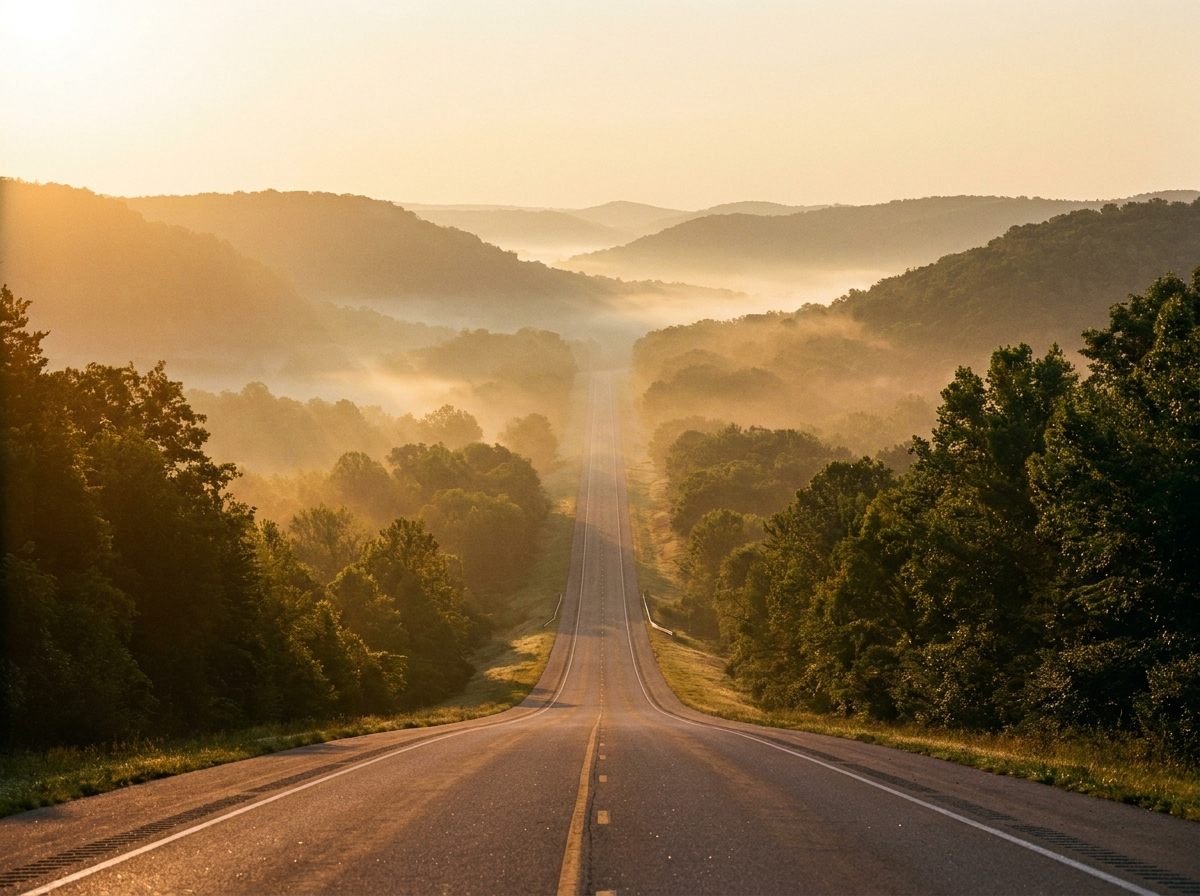 Empty two-lane highway winding through Ozark ridgelines at dawn.